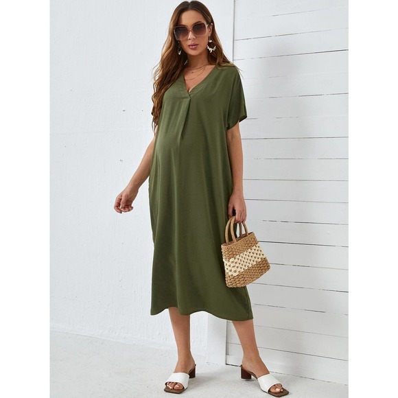 Maternity V neck Solid Tunic midi Dress olive green - Picture 2 of 5